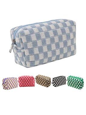 Checkered Canvas Makeup Bag Cosmetic Bag Large Capacity Zipper Pouch